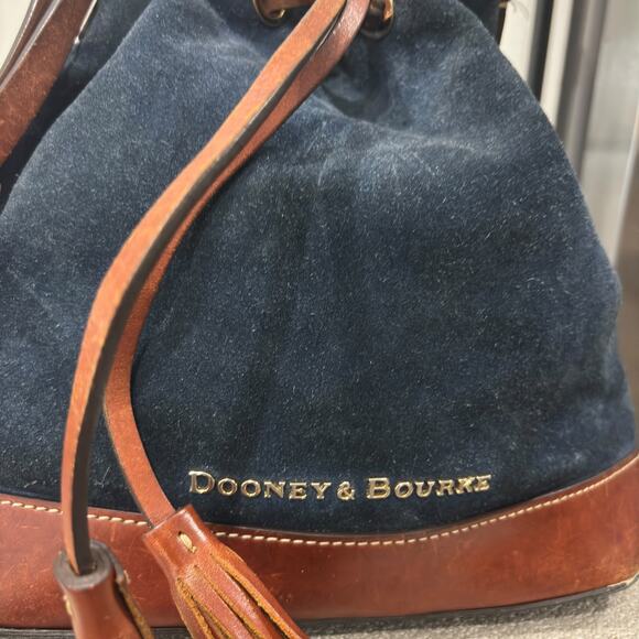Dooney & Bourke Navy Suede Bucket Bag Brown Leather Drawstring Tassel - Picture 6 of 10